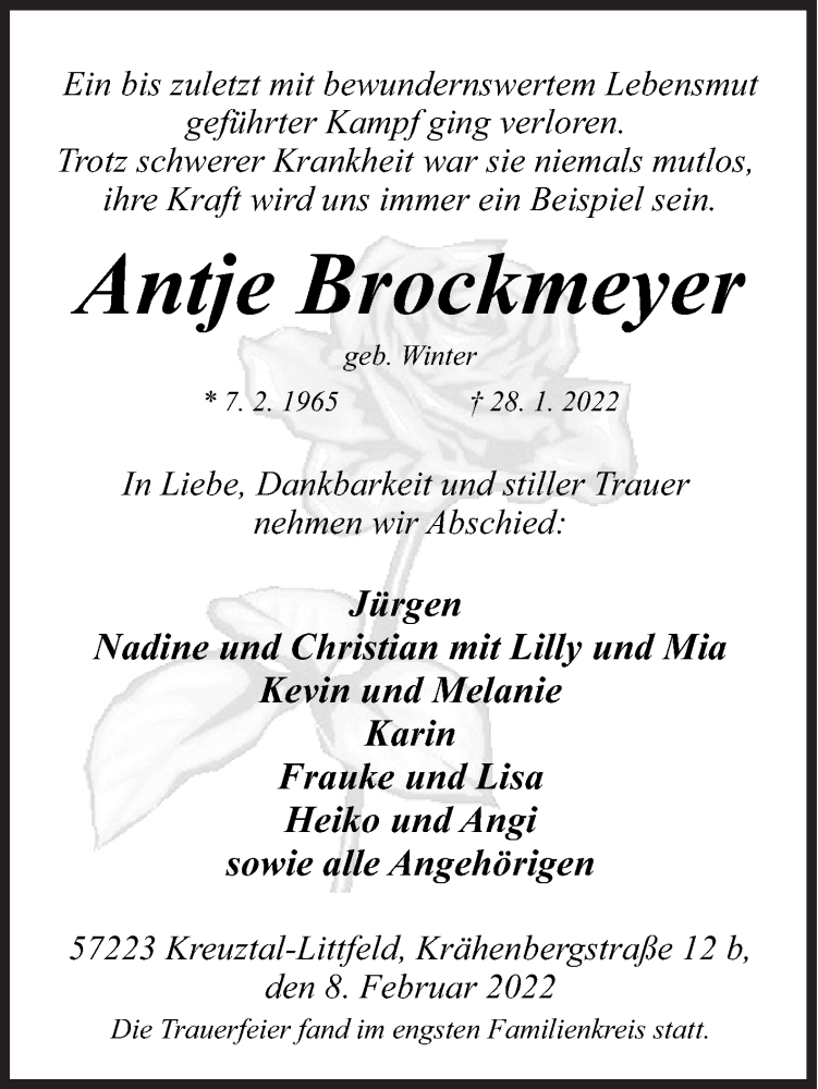  Traueranzeige für Antje Brockmeyer vom 08.02.2022 aus Siegener Zeitung