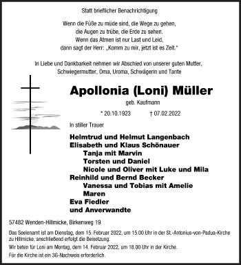 Traueranzeige von Apollonia Müller von Siegener Zeitung