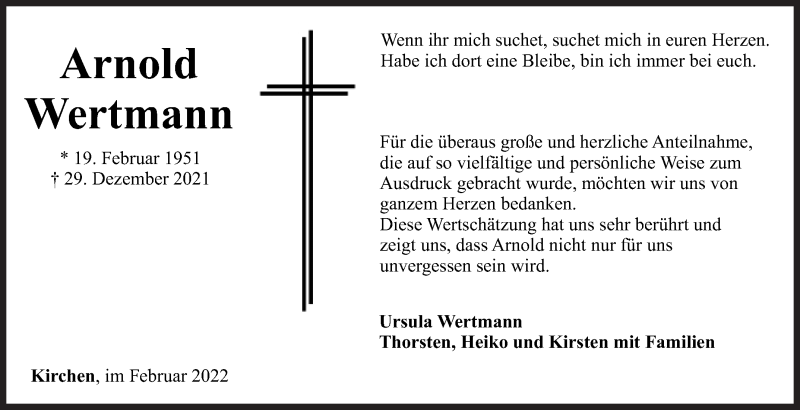  Traueranzeige für Arnold Wertmann vom 25.02.2022 aus Siegener Zeitung