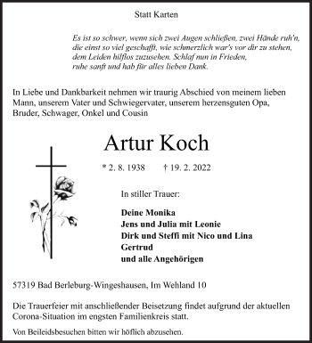 Traueranzeige von Artur Koch von Siegener Zeitung