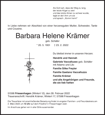 Traueranzeige von Barbara Helene Krämer von Siegener Zeitung