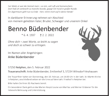 Traueranzeige von Benno Büdenbender von Siegener Zeitung