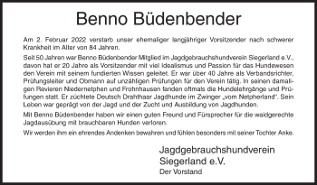 Traueranzeige von Benno Büdenbender von Siegener Zeitung
