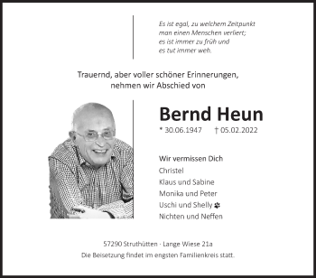 Traueranzeige von Bernd Heun von Siegener Zeitung