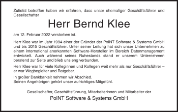 Traueranzeige von Bernd Klee von Siegener Zeitung
