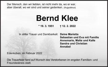 Traueranzeige von Bernd Klee von Siegener Zeitung