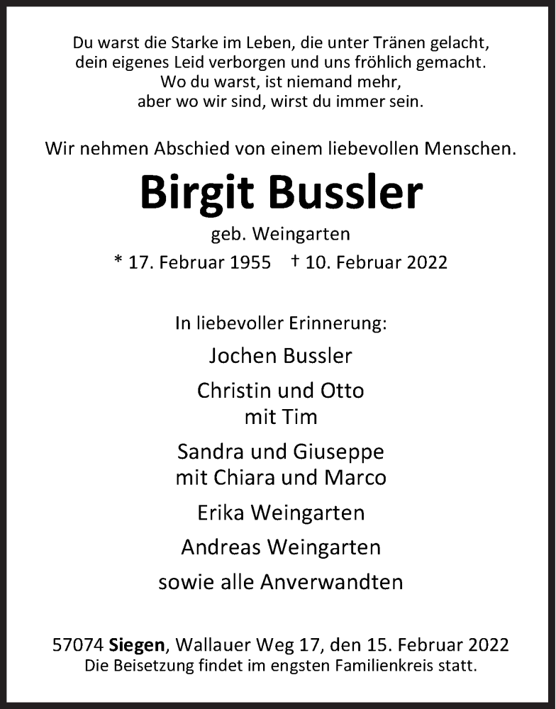  Traueranzeige für Birgit Bussler vom 15.02.2022 aus Siegener Zeitung