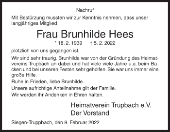 Traueranzeige von Brunhilde Hees von Siegener Zeitung