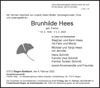 Traueranzeige von Brunhilde Hees von Siegener Zeitung