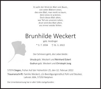 Traueranzeige von Brunhilde Weckert von Siegener Zeitung