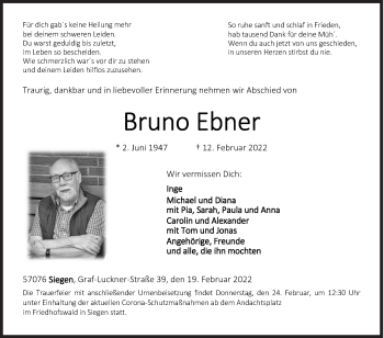 Traueranzeige von Bruno Ebner von Siegener Zeitung