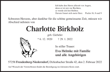 Traueranzeige von Charlotte Birkholz von Siegener Zeitung