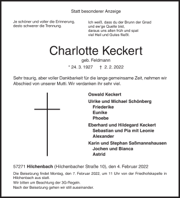 Traueranzeige von Charlotte Keckert von Siegener Zeitung