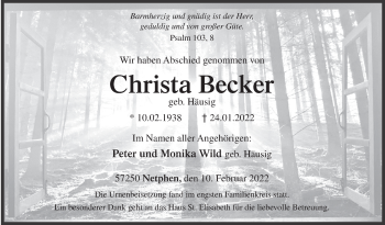 Traueranzeige von Christa Becker von Siegener Zeitung