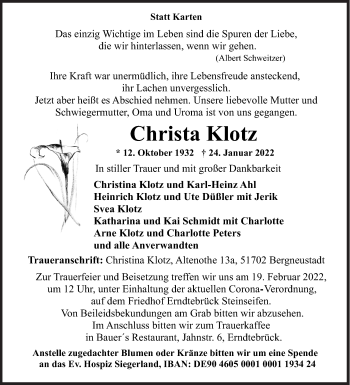 Traueranzeige von Christa Klotz von Siegener Zeitung