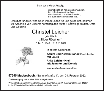 Traueranzeige von Christel Leicher von Siegener Zeitung