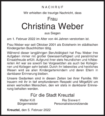 Traueranzeige von Christina Weber von Siegener Zeitung