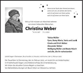 Traueranzeige von Christina Weber von Siegener Zeitung