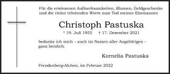 Traueranzeige von Christoph Pastuska von Siegener Zeitung