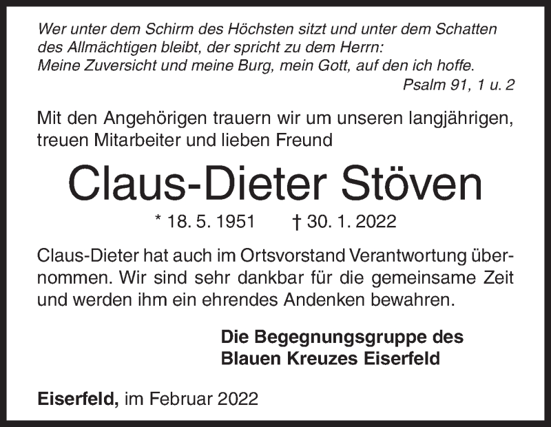  Traueranzeige für Claus-Dieter Stöven vom 04.02.2022 aus Siegener Zeitung