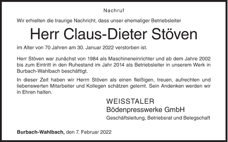  Traueranzeige für Claus-Dieter Stöven vom 07.02.2022 aus Siegener Zeitung