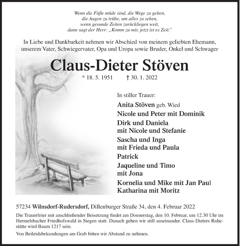  Traueranzeige für Claus-Dieter Stöven vom 04.02.2022 aus Siegener Zeitung