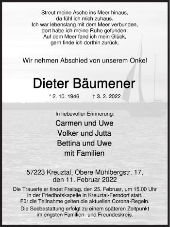 Traueranzeige von Dieter Bäumener von Siegener Zeitung