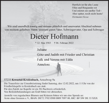 Traueranzeige von Dieter Hofmann von Siegener Zeitung