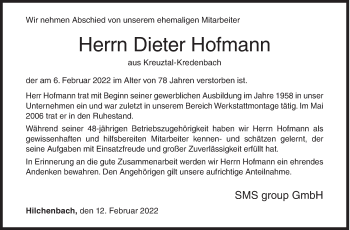 Traueranzeige von Dieter Hofmann von Siegener Zeitung