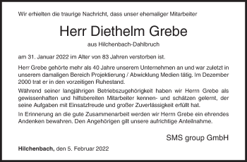 Traueranzeige von Diethelm Grebe von Siegener Zeitung