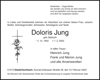 Traueranzeige von Doloris Jung von Siegener Zeitung