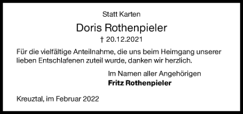 Traueranzeige von Doris Rothenpieler von Siegener Zeitung
