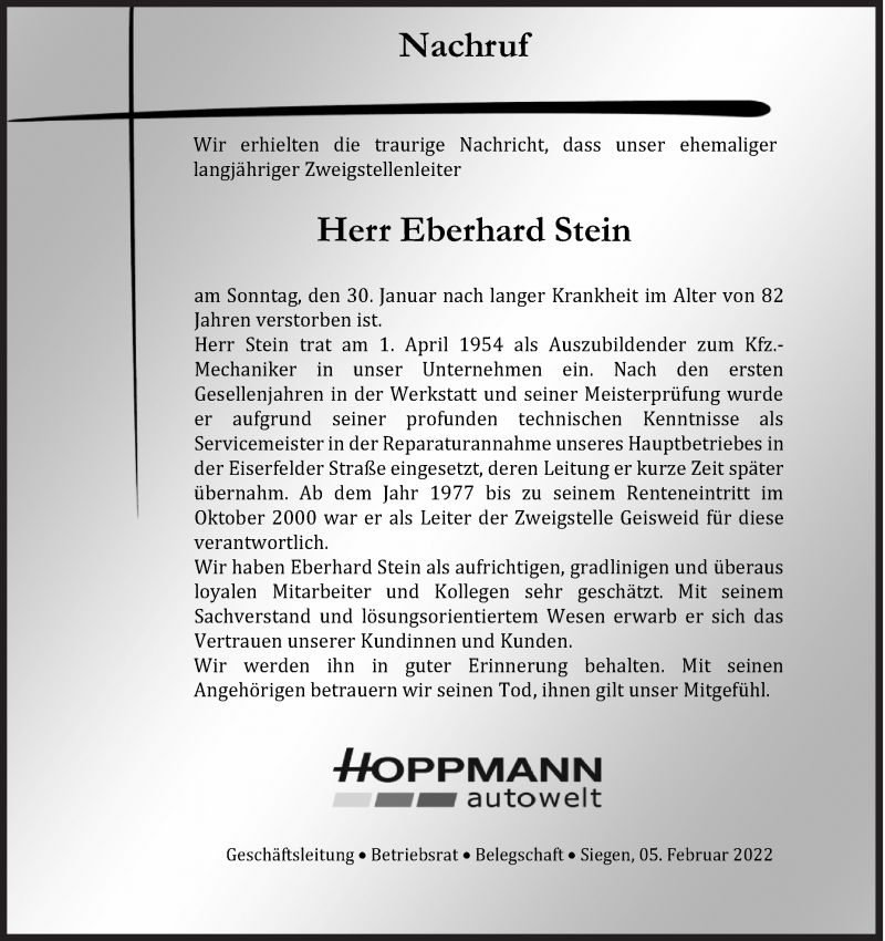  Traueranzeige für Eberhard  Stein vom 05.02.2022 aus Siegener Zeitung