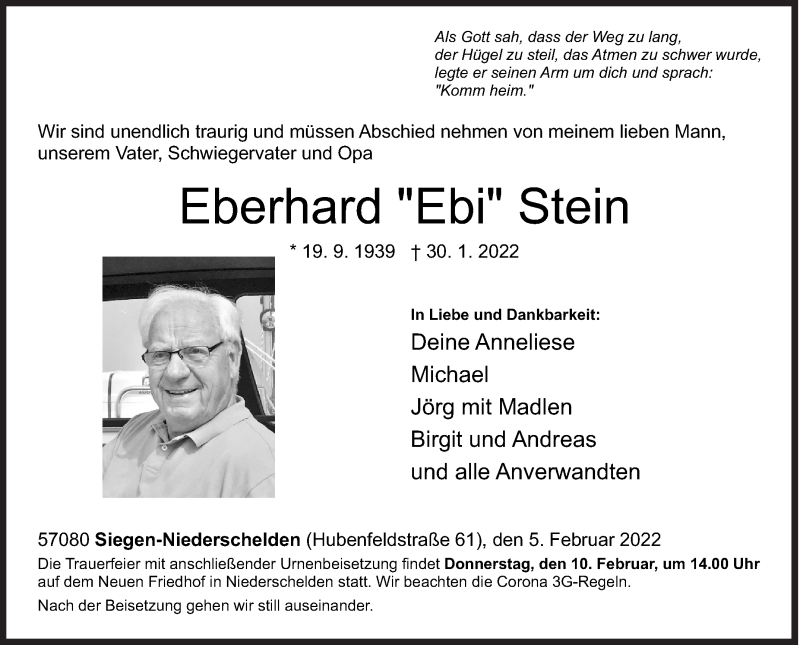  Traueranzeige für Eberhard  Stein vom 05.02.2022 aus Siegener Zeitung