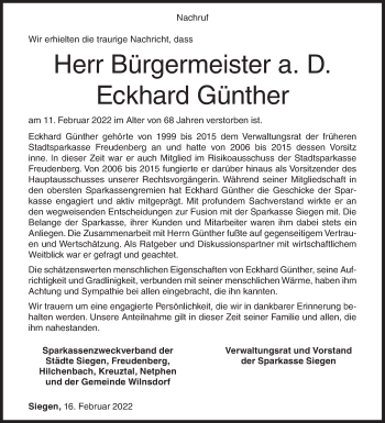Traueranzeige von Eckhard Günther von Siegener Zeitung