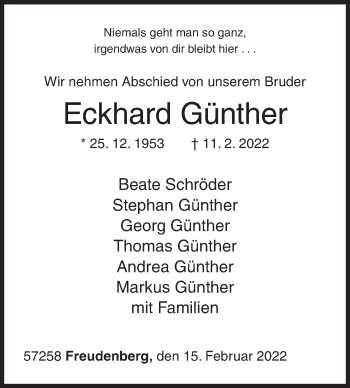 Traueranzeige von Eckhard Günther von Siegener Zeitung