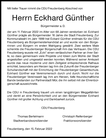 Traueranzeige von Eckhard Günther von Siegener Zeitung