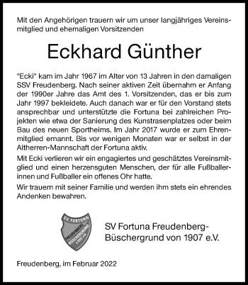 Traueranzeige von Eckhard Günther von Siegener Zeitung