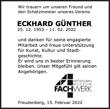 Traueranzeige von Eckhard Günther von Siegener Zeitung