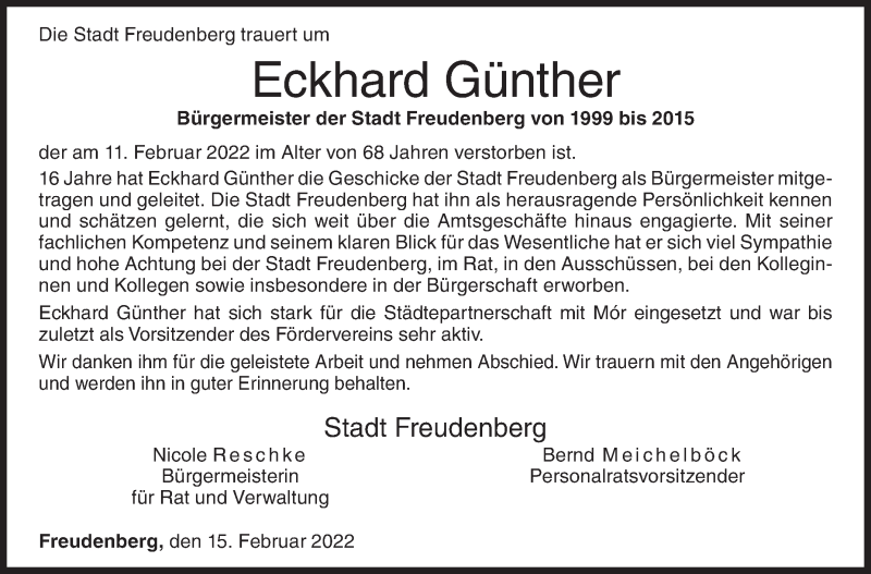  Traueranzeige für Eckhard Günther vom 15.02.2022 aus Siegener Zeitung