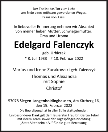 Traueranzeige von Edelgard Falenczyk von Siegener Zeitung