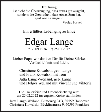 Traueranzeige von Edgar Lange von Siegener Zeitung