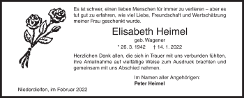Traueranzeige von Elisabeth Heimel von Siegener Zeitung