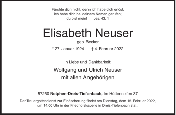 Traueranzeige von Elisabeth Neuser von Siegener Zeitung