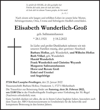 Traueranzeige von Elisabeth Wunderlich-Groß von Siegener Zeitung