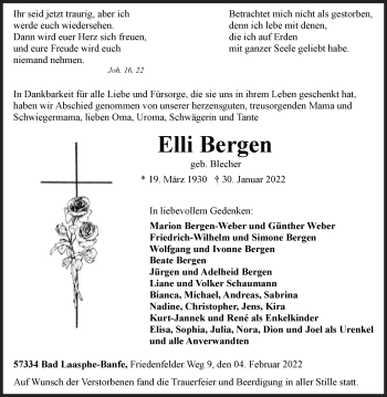 Traueranzeige von Elli Bergen von Siegener Zeitung