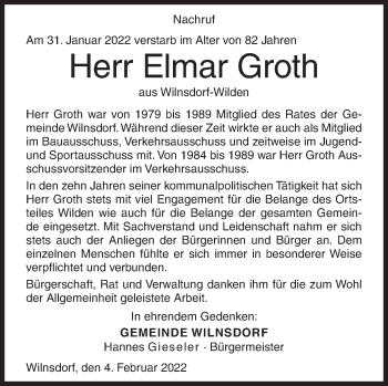 Traueranzeige von Elmar Groth von Siegener Zeitung