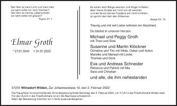 Traueranzeige von Elmar Groth von Siegener Zeitung