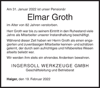 Traueranzeige von Elmar Groth von Siegener Zeitung