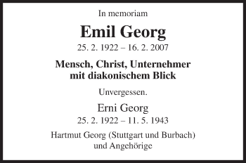 Traueranzeige von Emil Georg von Siegener Zeitung